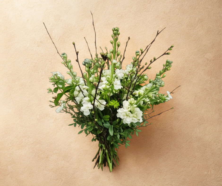 Kondolencebuket med hvide blomster, grønt løv og naturgrene – enkel og respektfuld blomsterhilsen